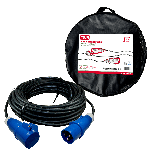 Câble de rallonge 20 mètres néoprène 3x 1,5mm² - fiche CEE et prise CEE - dans un sac de câbles - TEUN