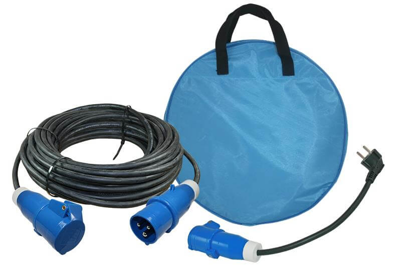 Rallonge électrique camping 25m de câble néoprène 3x 1.5mm² - fiche et prise CEE - avec câble adaptateur fiche Schuko vers prise CEE - sac de rangement des câbles