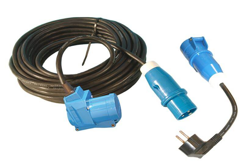 Rallonge 25 mètres néoprène 3x 1,5mm² - fiche CEE et connecteur coudé - avec câble adaptateur français - en sac de câbles - TEUN