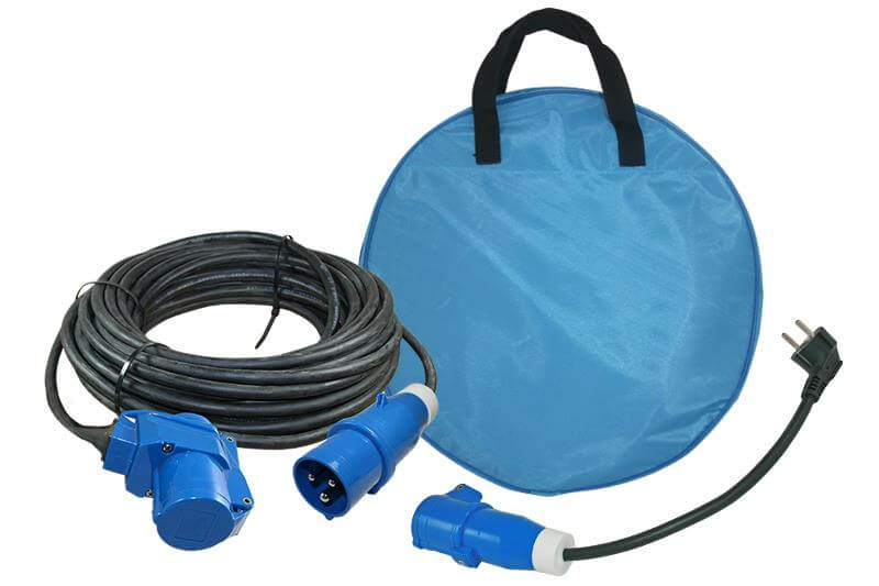 Rallonge électrique camping 25m de câble néoprène 3x 1.5mm² - fiche CEE et prise coudée CEE - avec câble adaptateur fiche Schuko vers prise CEE - sac de rangement des câbles