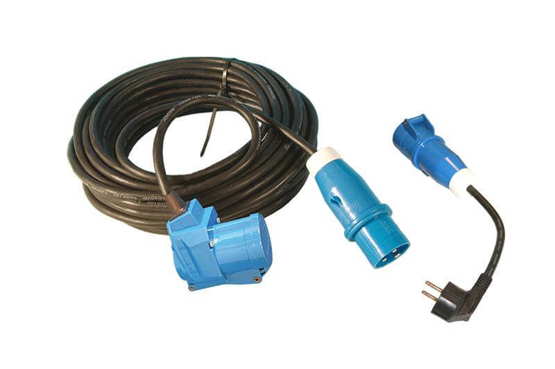 Prolongateur 25 mètres néoprène 3x 1,5mm² - fiche CEE et prise coudée - avec câble adaptateur français - dans un sac de câbles - Viva